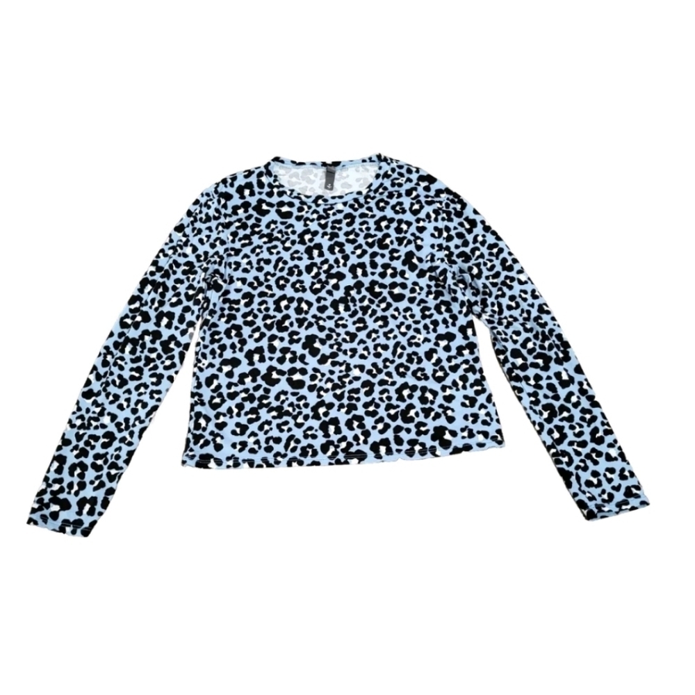 ALYA Women's Top Long-Sleeve Leopard Cheetah Print Blue Cropped Size Medium Slim